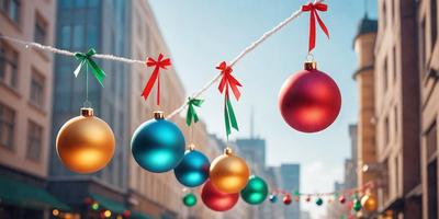 The primary subject of the image is a string of Christmas ornaments, which are hanging from a wire. The ornaments are colorful and include a mix of red, green, and gold colors. The setting is a city street, with buildings visible in the background. The visual style of the image is a photo, capturing the festive atmosphere of the holiday season. The colors and mood of the image are cheerful and celebratory, with the ornaments adding a touch of warmth and joy to the urban environment.